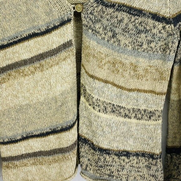 J Jill 1 Button Cardigan Sweater Medium Lambs Wool Blend Striped Neutral Colors - Picture 5 of 7